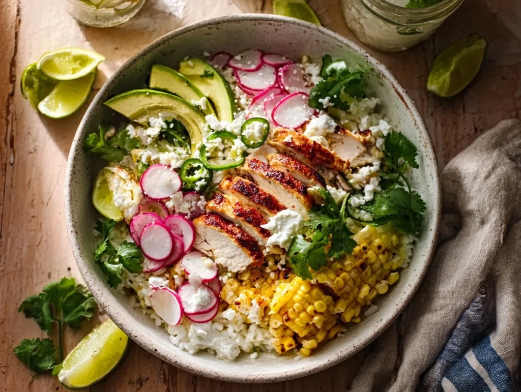 street corn chicken rice bowl with avocado and cotija cheese