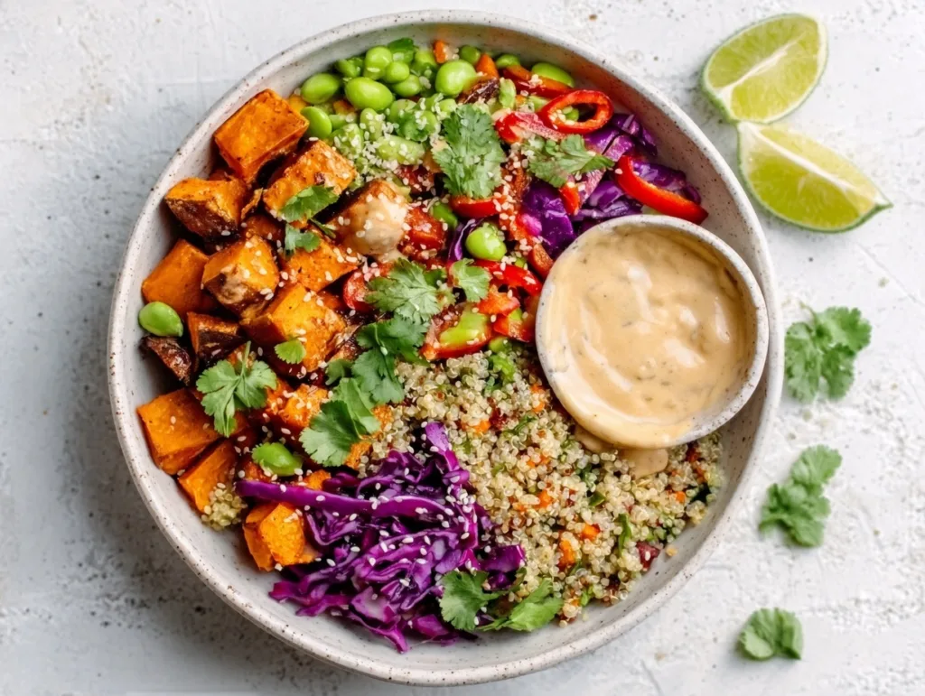 colorful roasted veggie and quinoa bowl with creamy dressing