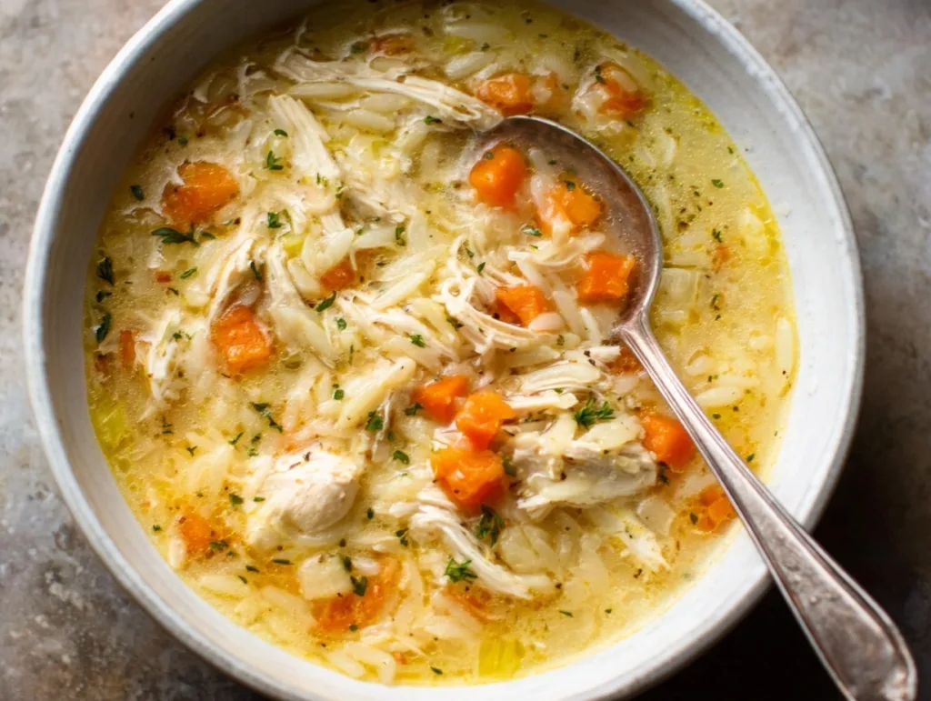Chicken Lemon Orzo Soup served in a white bowl with spoon