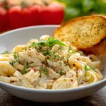 Creamy cauliflower Alfredo pasta topped with herbs and served with garlic bread