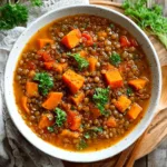 Hearty lentil and sweet potato stew in rustic bowl