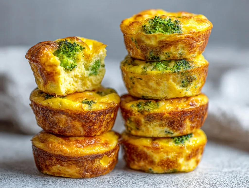 stacked broccoli cheddar egg muffins with one bitten muffin