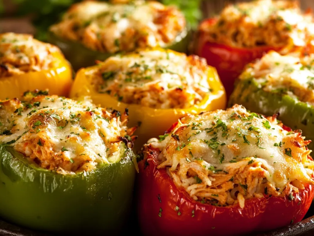 Colorful turkey and veggie stuffed peppers baked with cheese and herbs