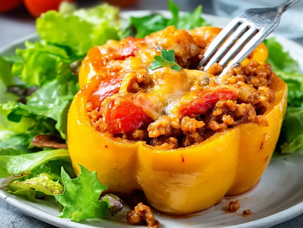Yellow stuffed pepper filled with turkey and rice served with green salad
