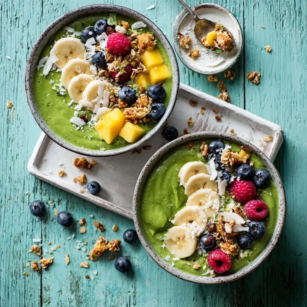 Two green detox smoothie bowls with fruit, granola, and coconut flakes