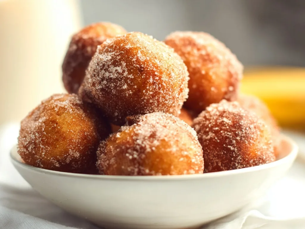 warm banana donut holes stacked in a white bowl with cinnamon sugar coating