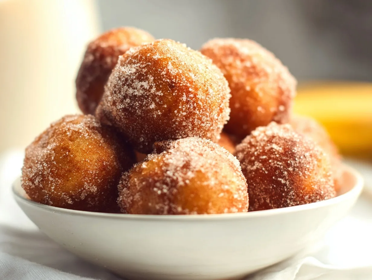 warm banana donut holes stacked in a white bowl with cinnamon sugar coating