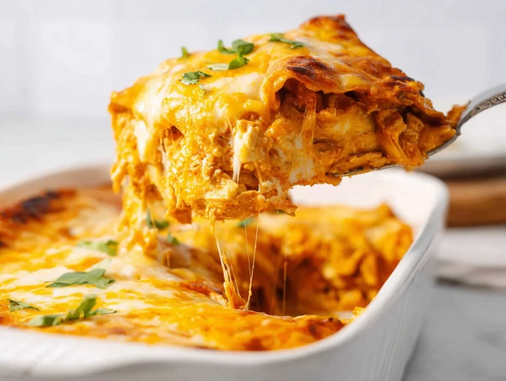 Slice of Lazy Chicken Enchilada Bake with melted cheese being lifted from a white casserole dish