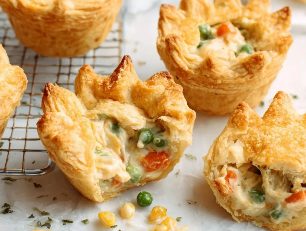 flaky mini chicken pot pies filled with creamy chicken and vegetables