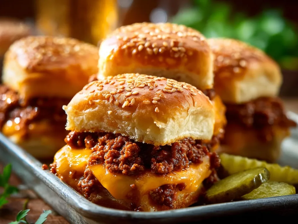 Cheap Sloppy Joe Sliders with sesame buns, melted cheddar, and rich beef filling
