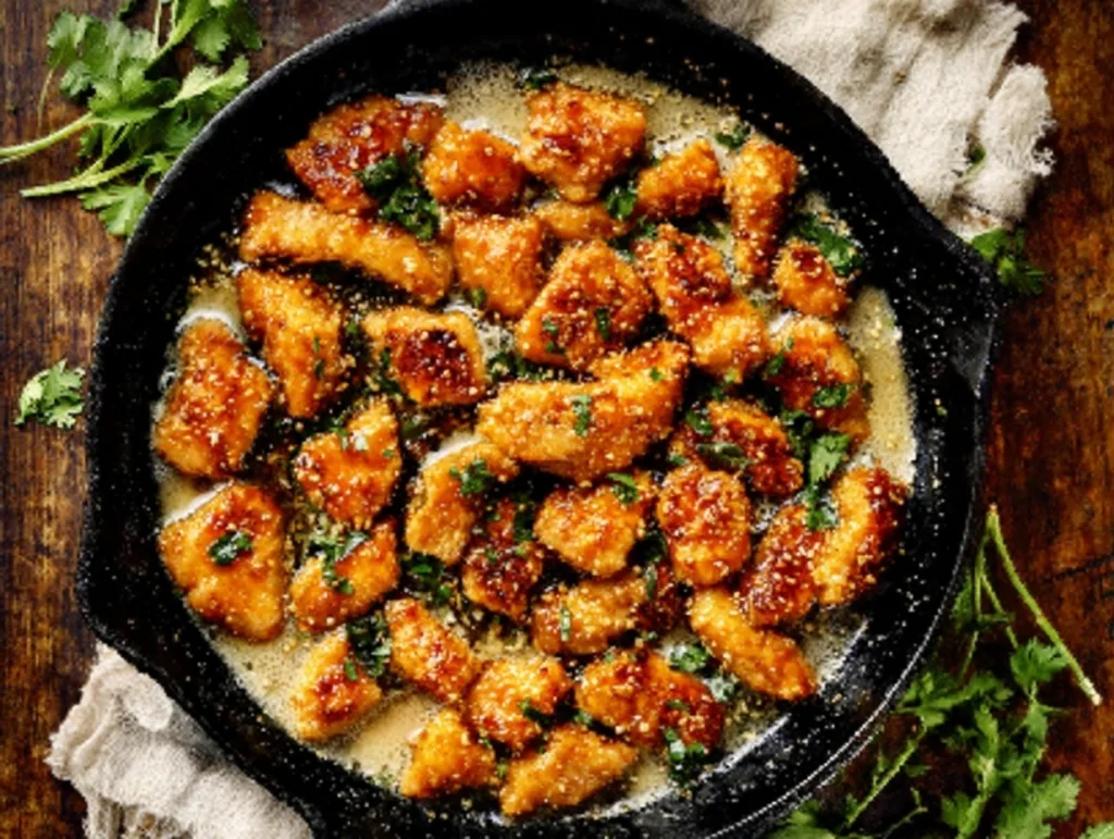 Honey garlic chicken bites cooking in a cast iron skillet with herbs and sauce