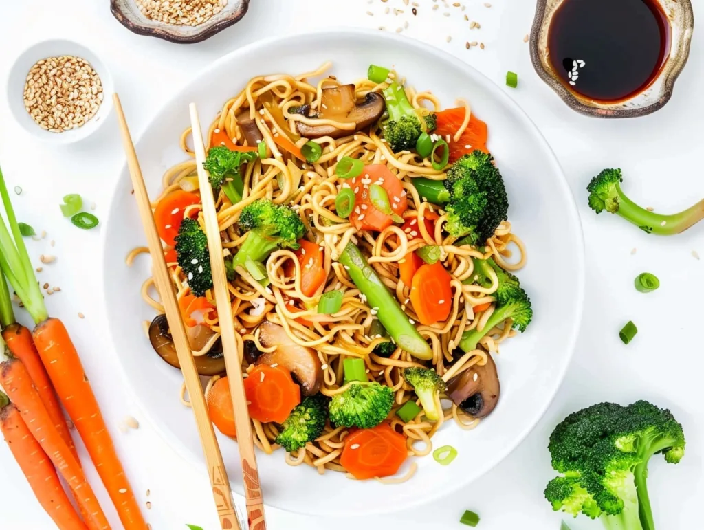 teriyaki noodles with veggies on white plate with broccoli and carrots