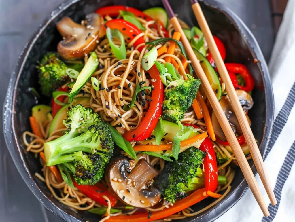 teriyaki noodles with veggies topped with sesame seeds and green onions