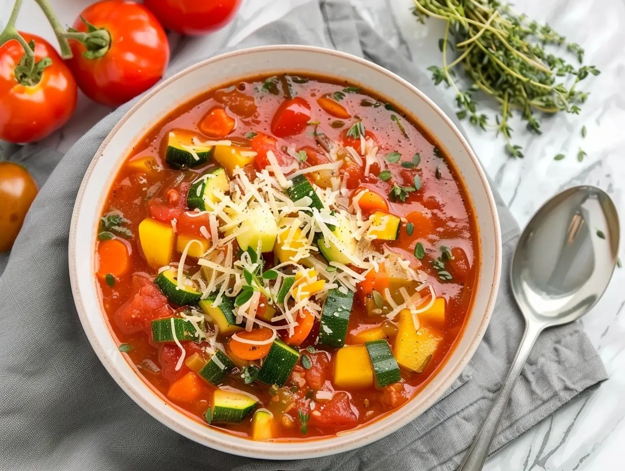 Harvest veggie soup with zucchini, carrots, and tomatoes