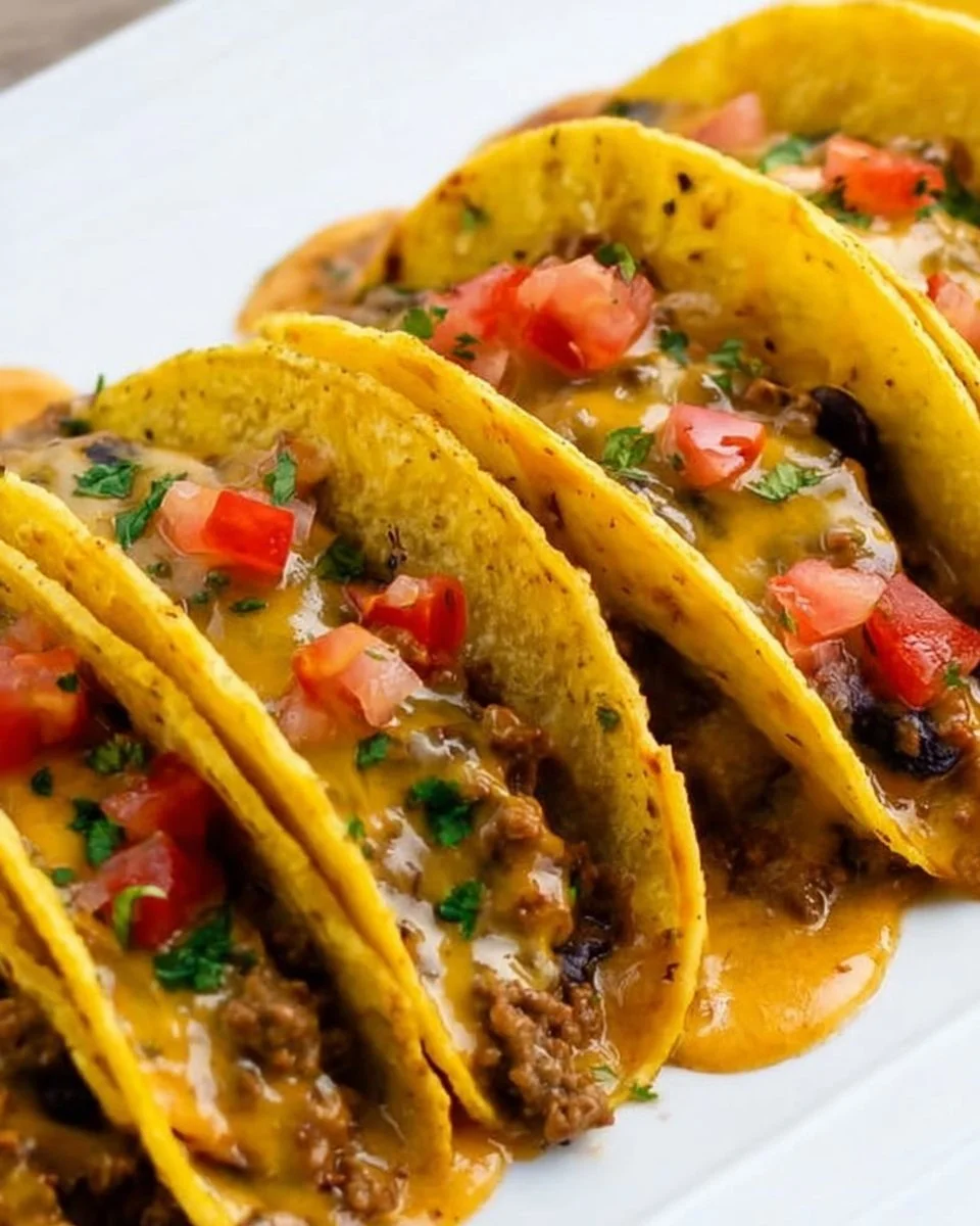 Delicious baked tacos served on a plate, topped with cheese, lettuce, and tomatoes.