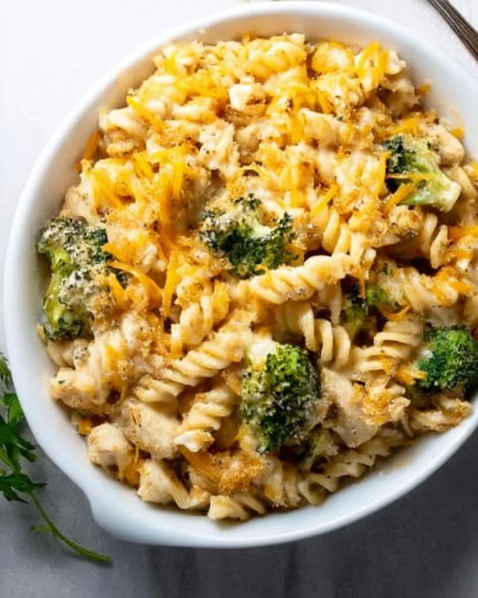 Delicious Chicken and Broccoli Pasta Bake topped with cheese and herbs