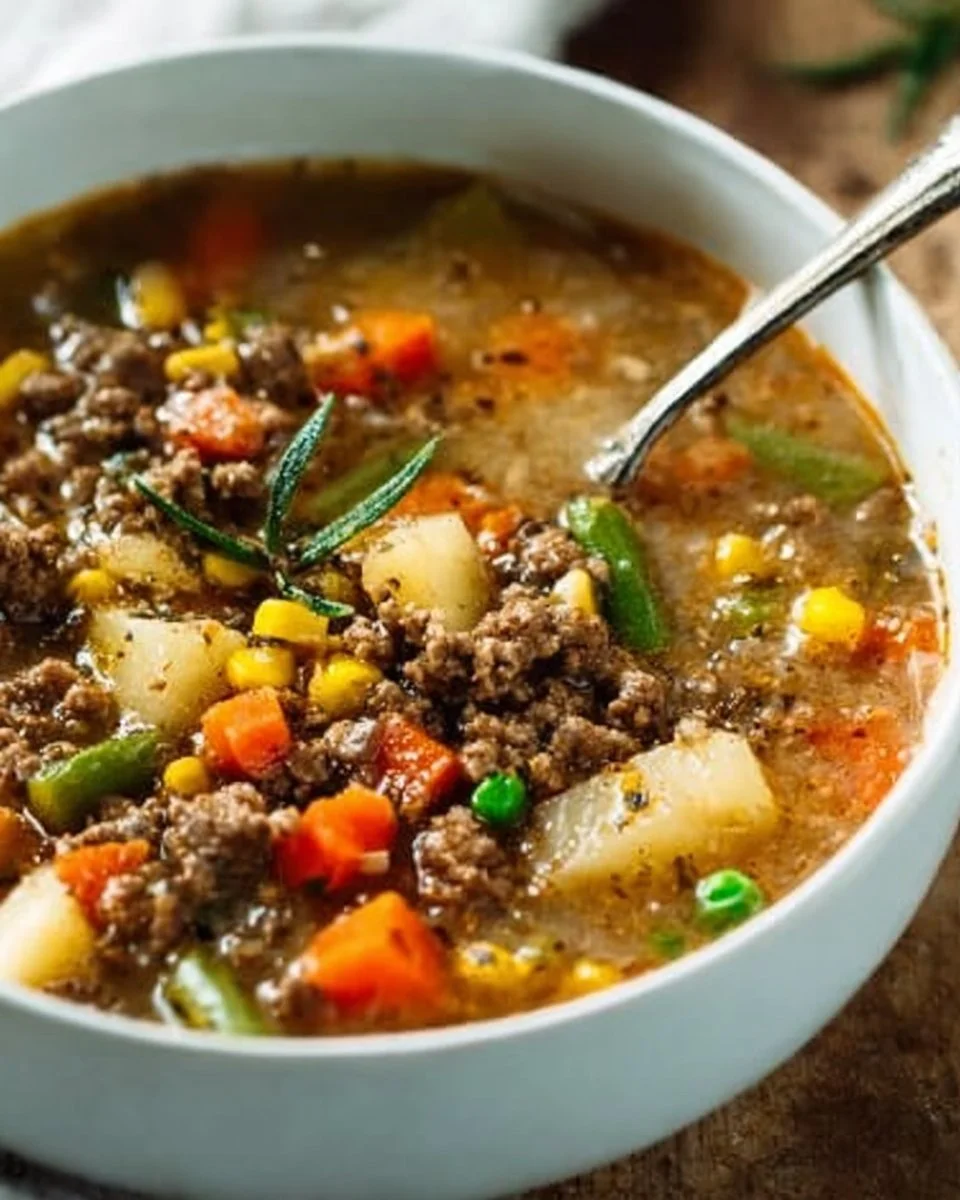 Bowl of delicious Hamburger Soup topped with fresh herbs and vegetables