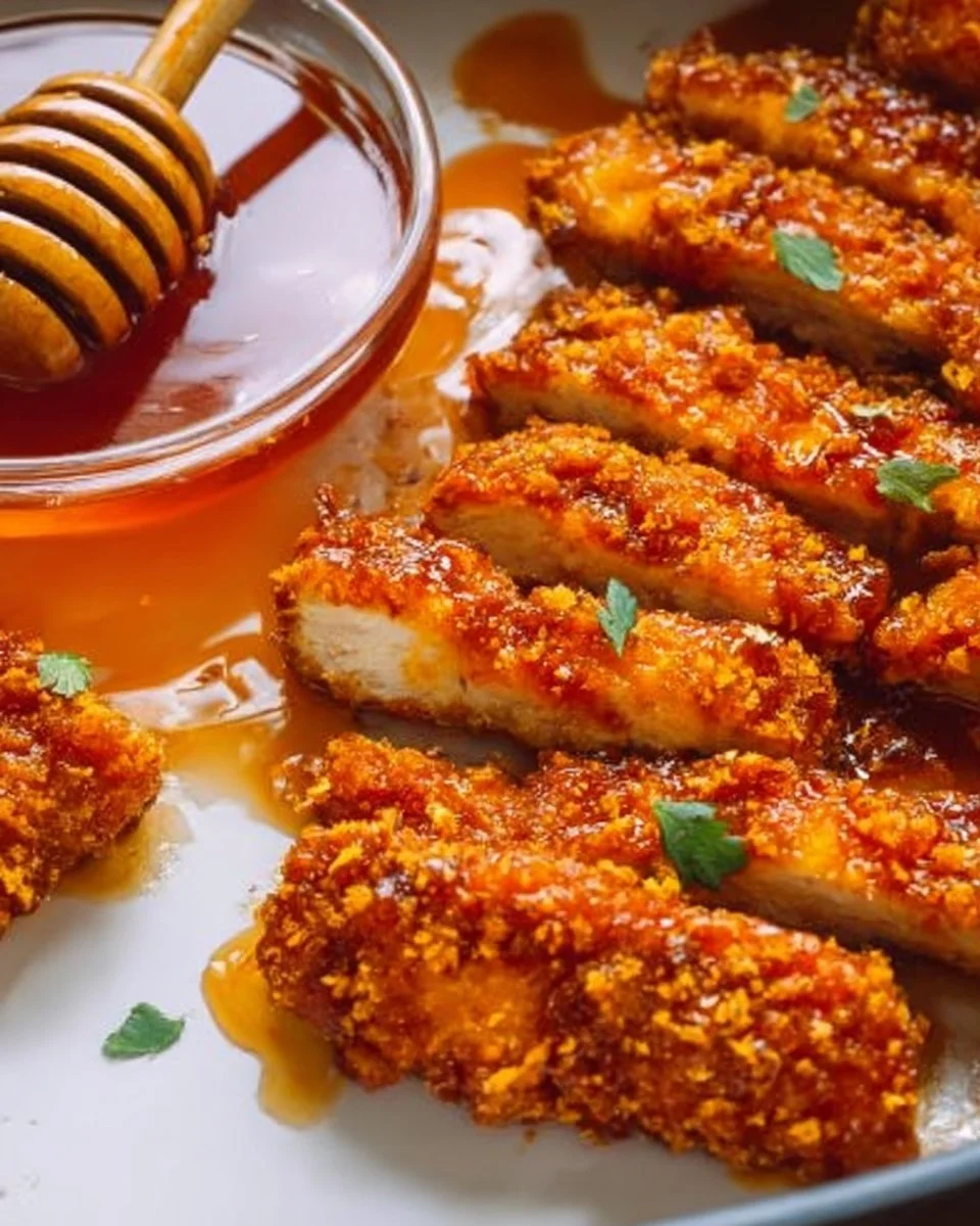 Hot Honey Chicken hot honey chicken Plate of hot honey chicken drizzled with sweet and spicy sauce