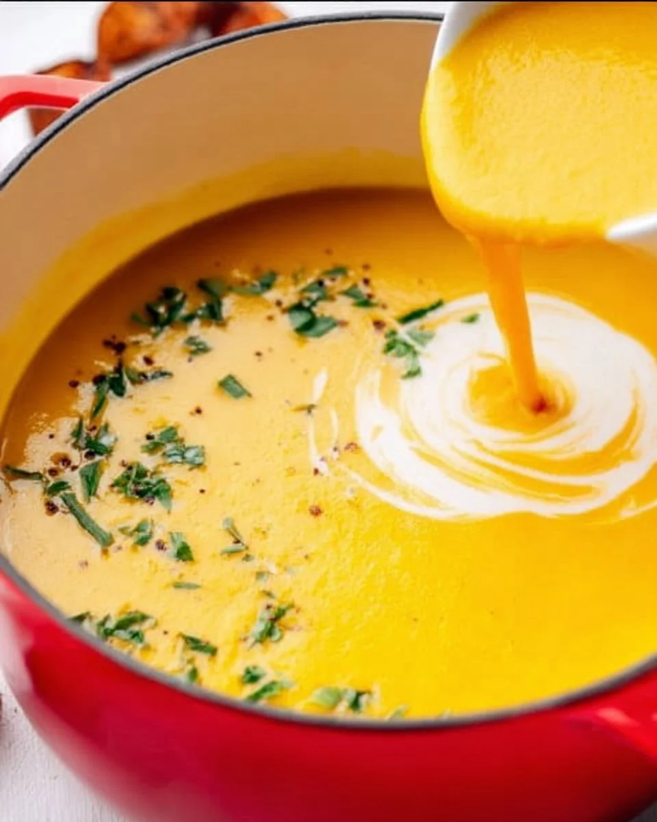 Bowl of creamy roasted butternut squash soup topped with herbs and spices.