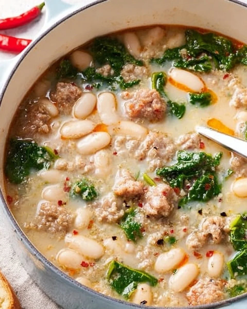 Sausage and White Bean Soup Sausage and White Bean Soup Bowl of Sausage and White Bean Soup with fresh herbs and crusty bread