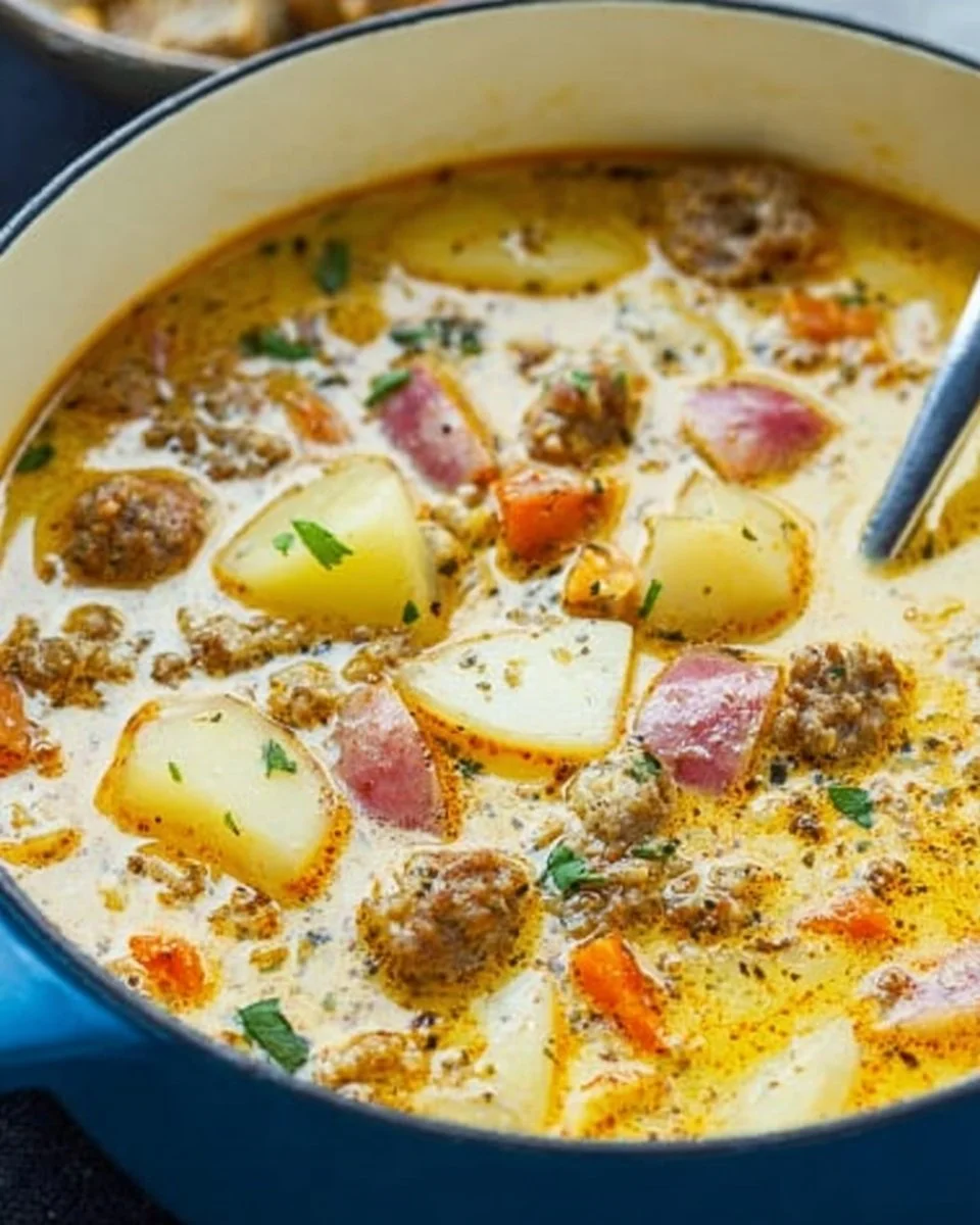Delicious bowl of Sausage Potato Soup garnished with herbs