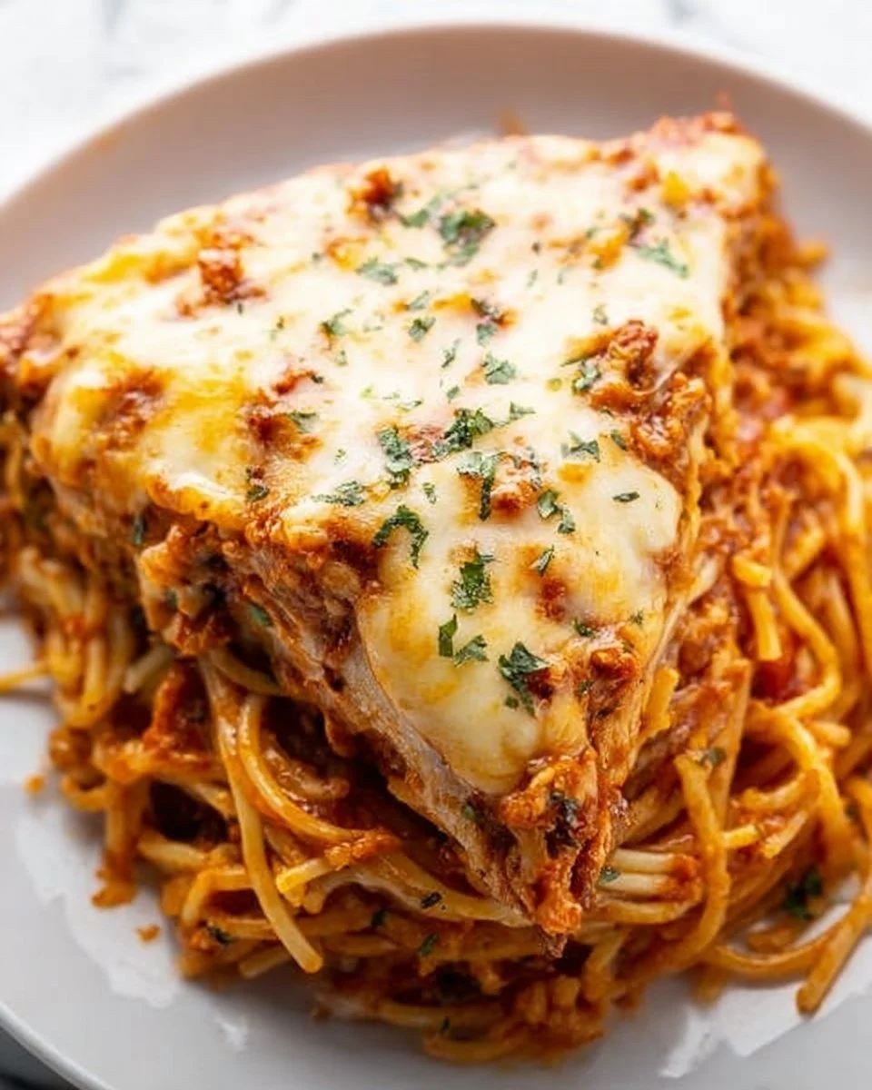 Delicious homemade Spaghetti Pie served with cheese and herbs