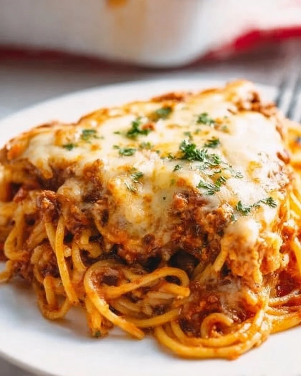 Spaghetti Pie spaghetti pie Slice of spaghetti pie with cheese and herbs on a plate