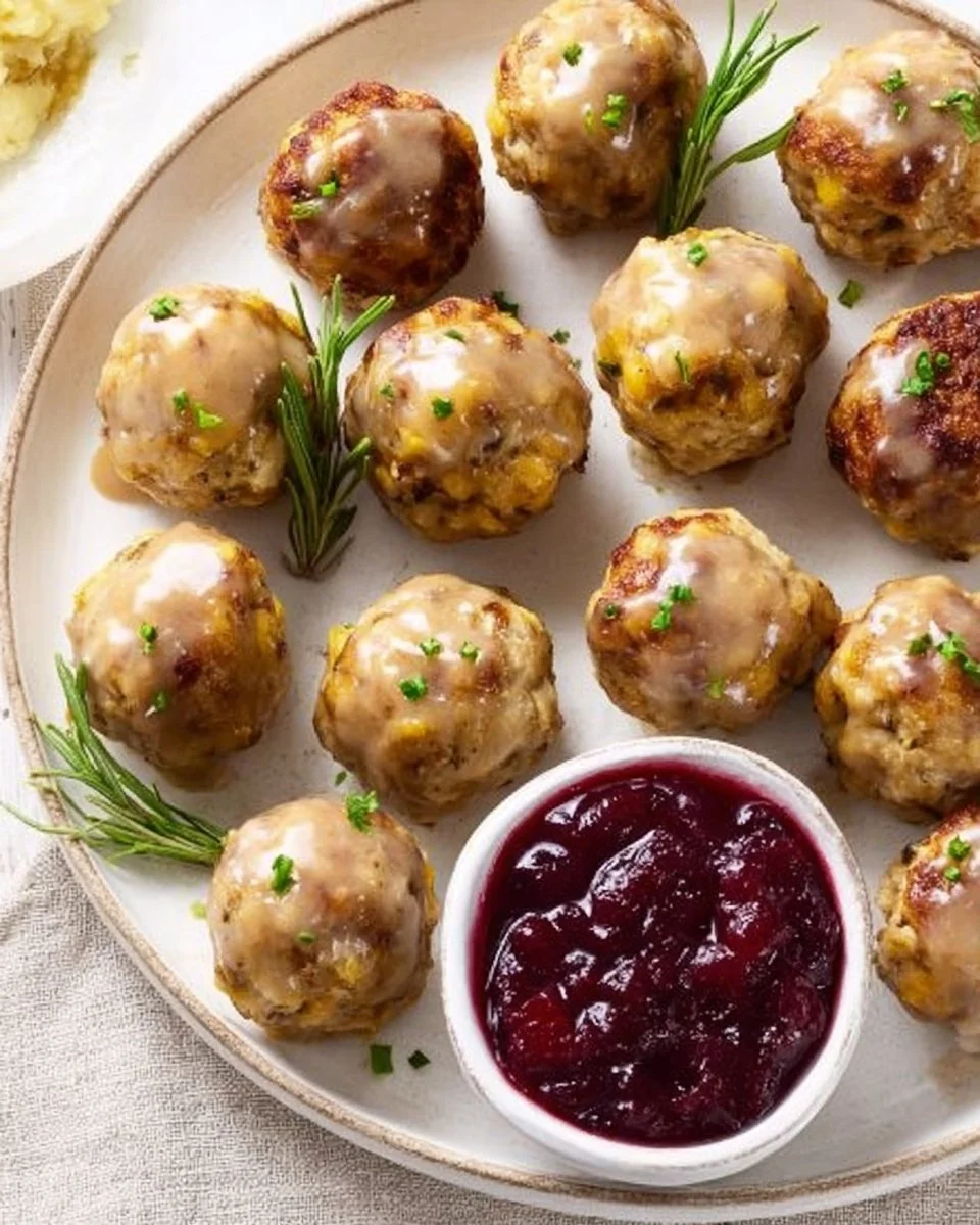 Turkey and Stuffing Meatballs Turkey Meatballs Turkey and stuffing meatballs served on a plate with herbs and spices