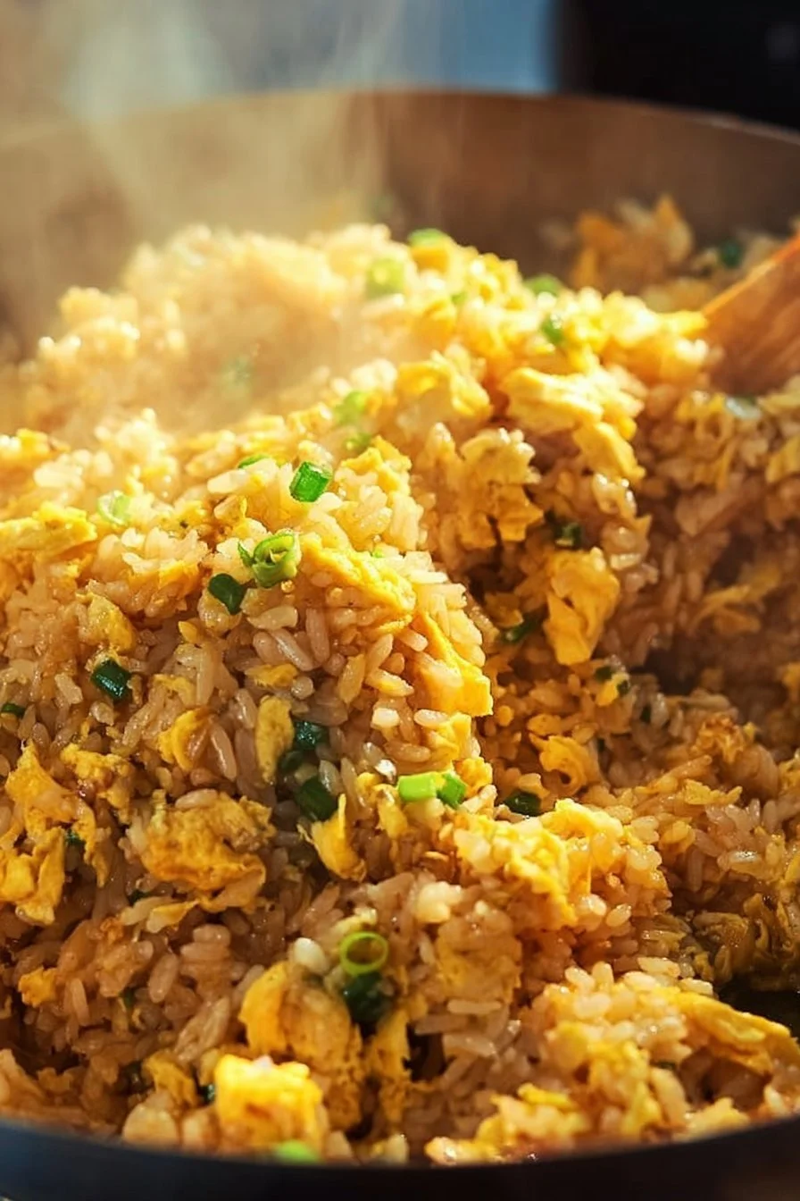 10 Minute Easy Egg Fried Rice egg fried rice Quick 10-minute easy egg fried rice with vegetables and eggs in a bowl