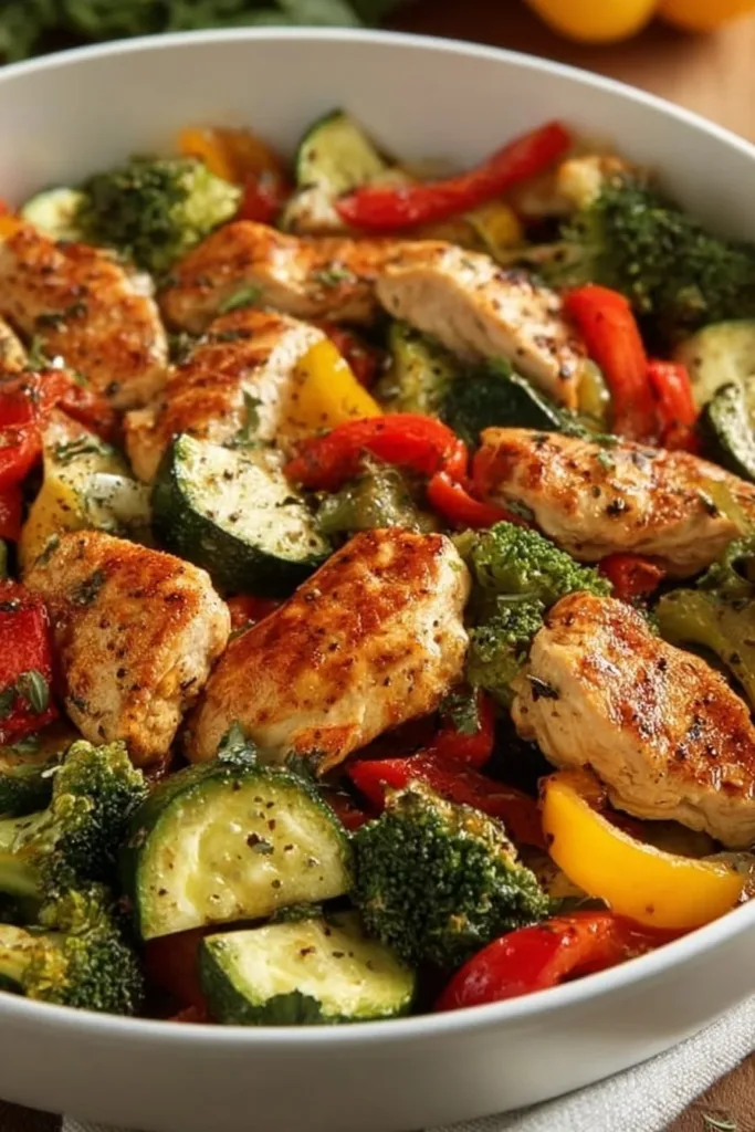 Air Fryer Chicken Breasts served with colorful vegetables on a plate