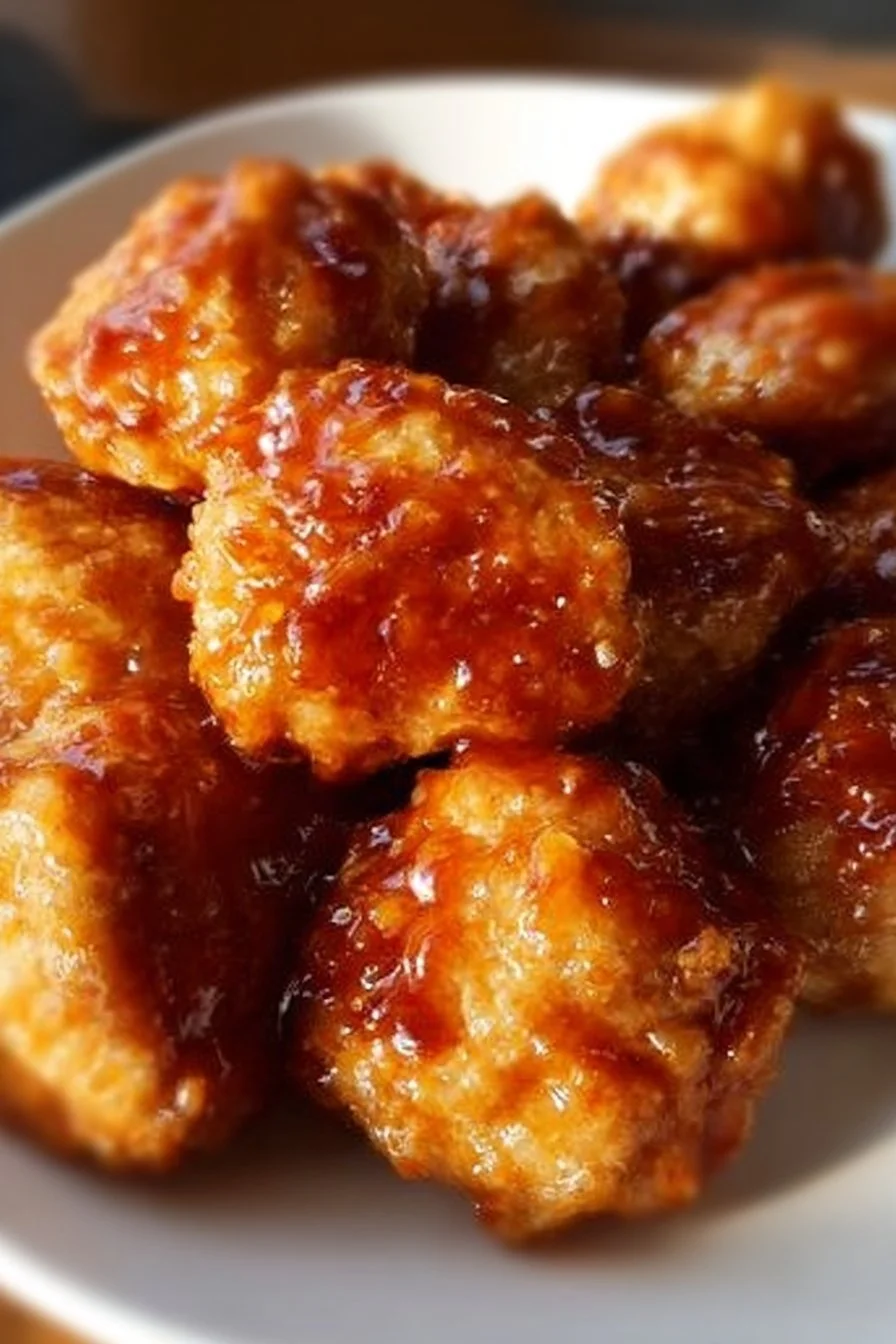 Crispy air fryer honey BBQ chicken bites served on a plate.
