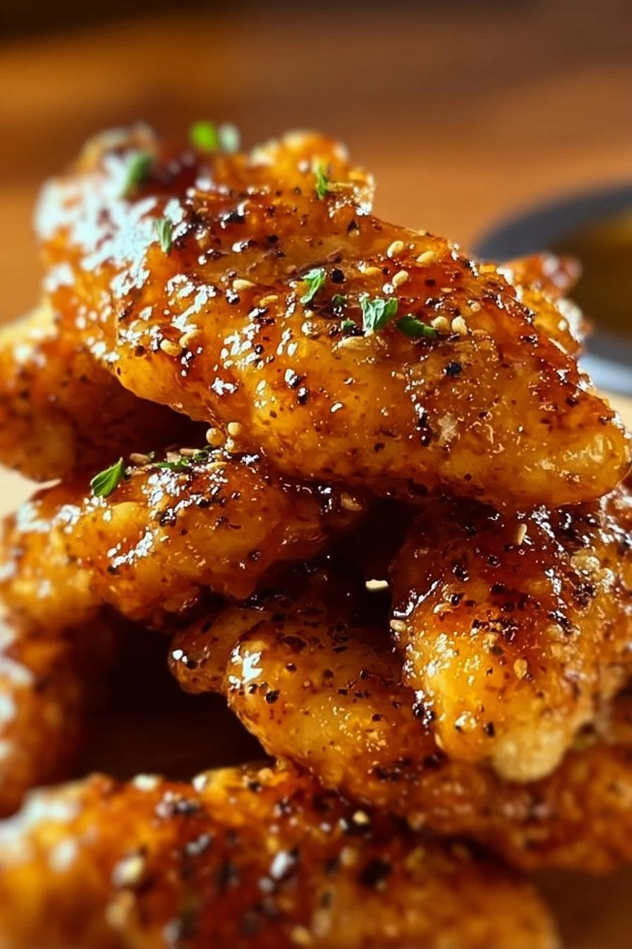 Crispy air fryer honey butter garlic chicken tenders served on a plate.