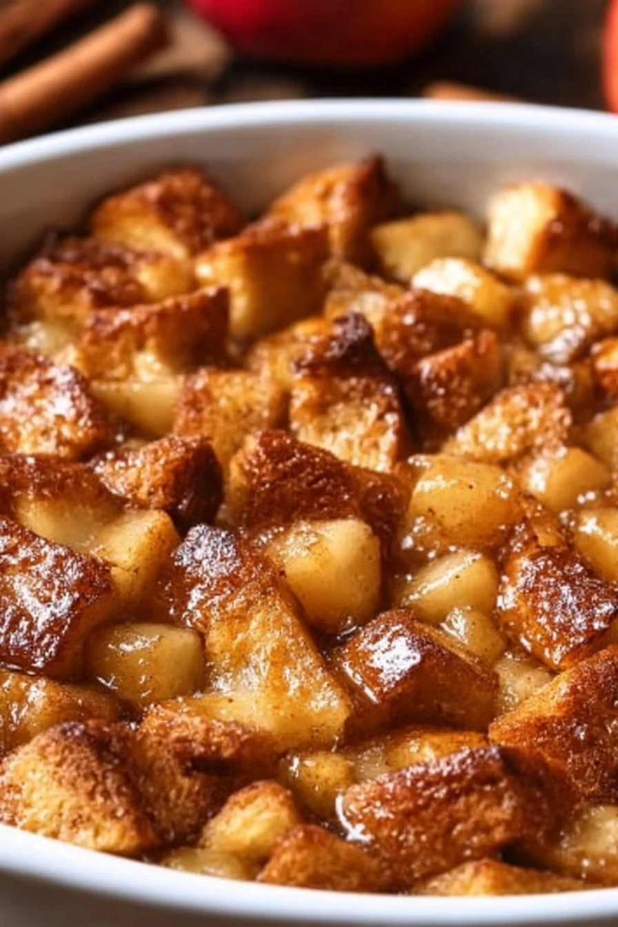 Apple cinnamon French toast casserole baked and served warm.