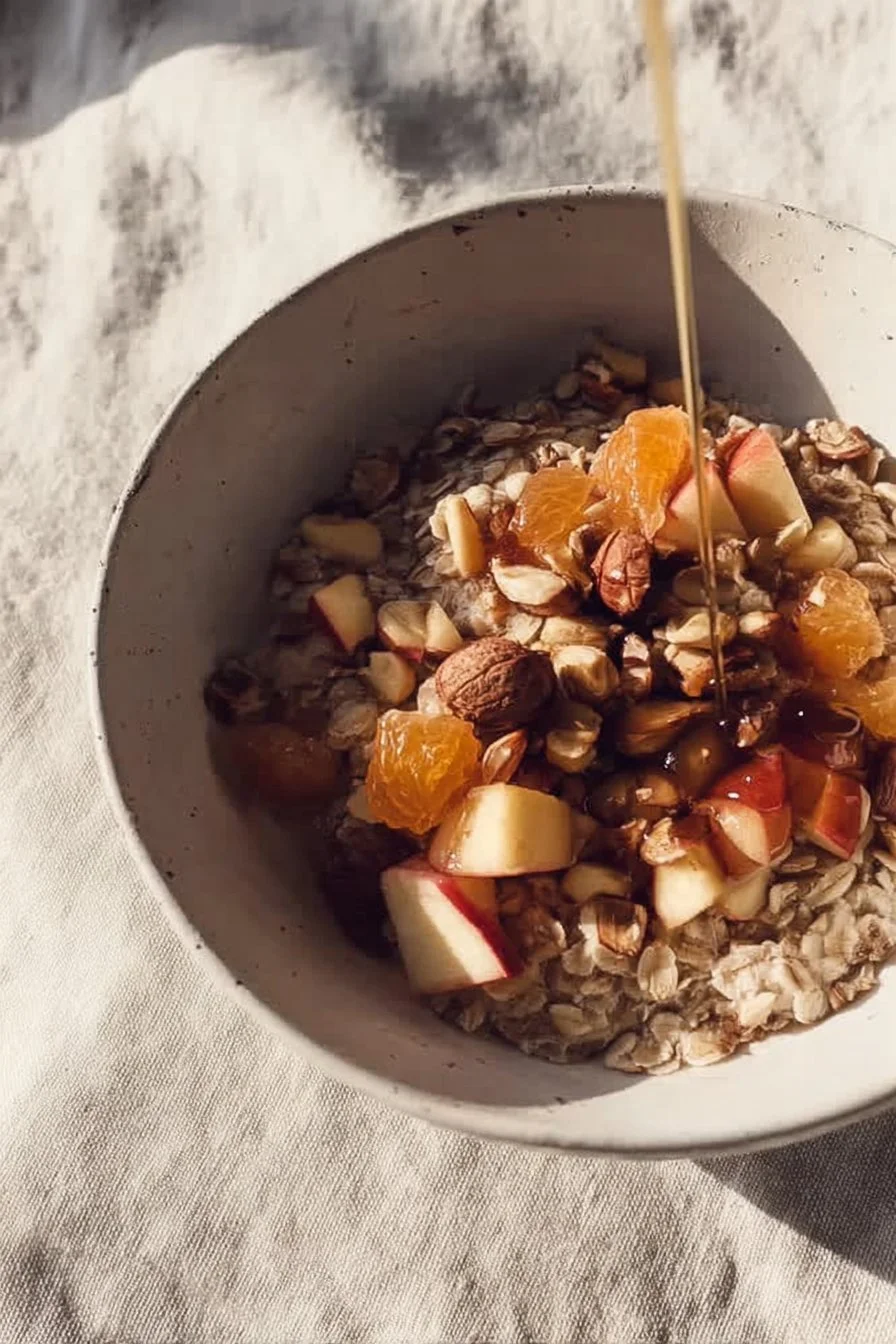 Delicious apple cinnamon oatmeal bowl topped with fresh apples and cinnamon.