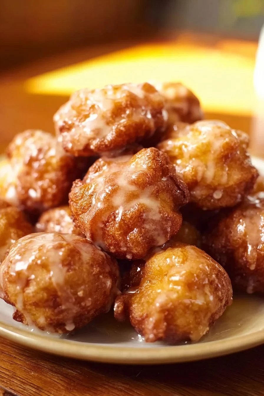 Delicious apple fritter bites topped with icing and sprinkled with cinnamon.
