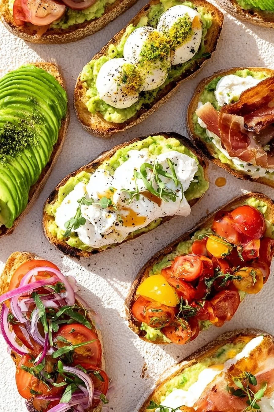 Delicious avocado toast garnished with spices and herbs on a wooden table