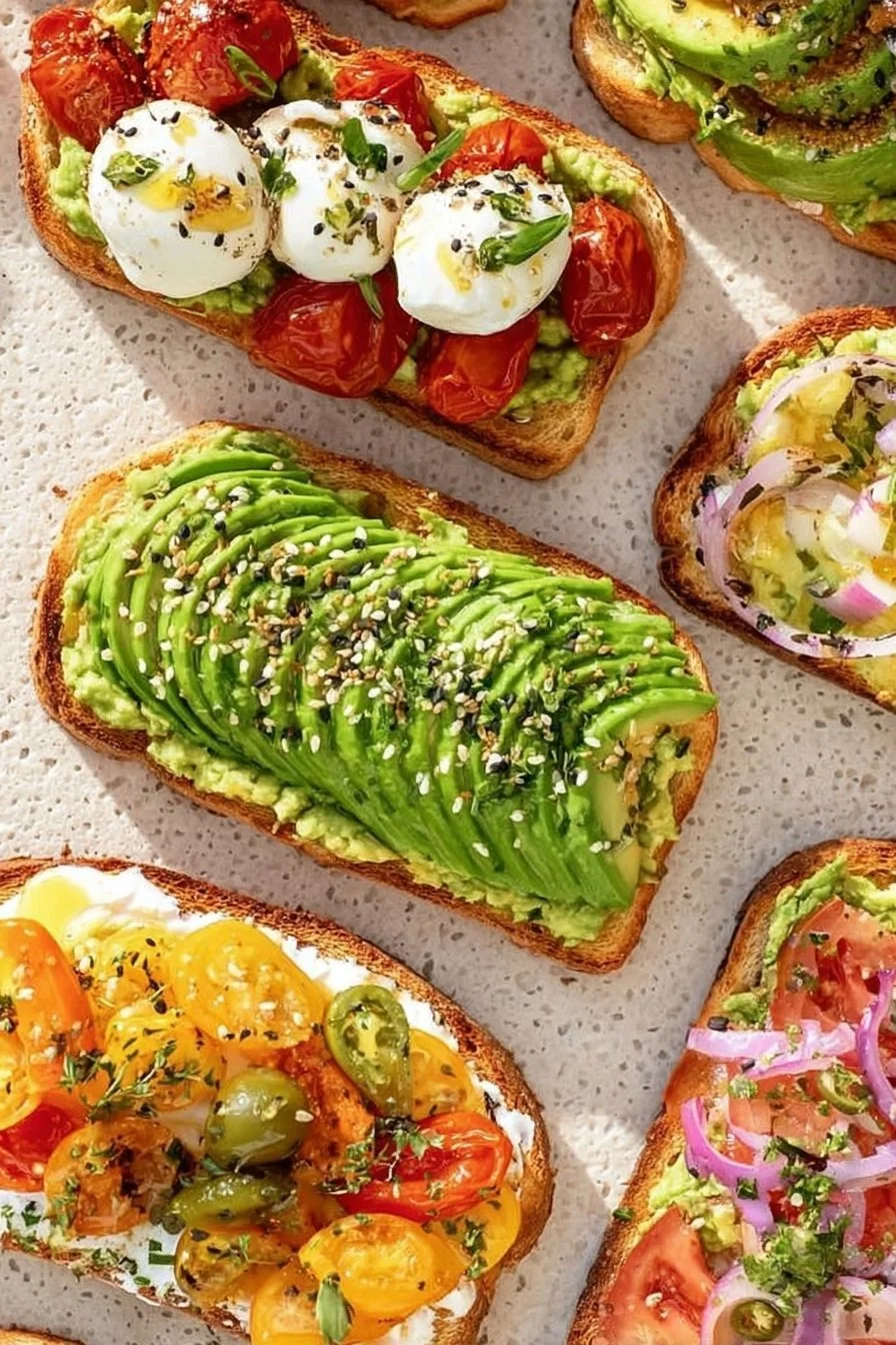 Delicious avocado toast topped with cherry tomatoes and herbs on a rustic wooden table.