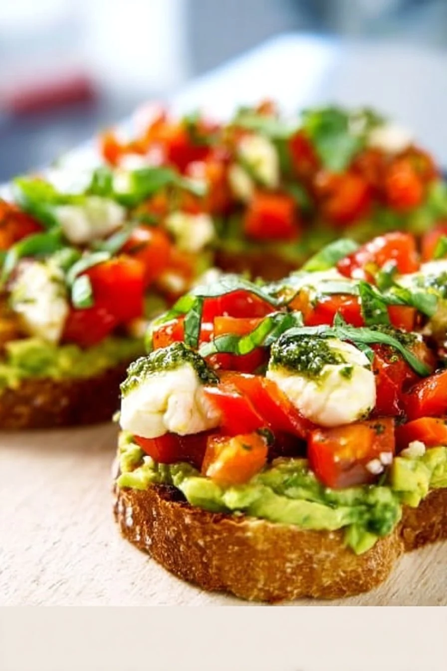 Avocado toast topped with tomatoes, basil, and mozzarella cheese on a plate