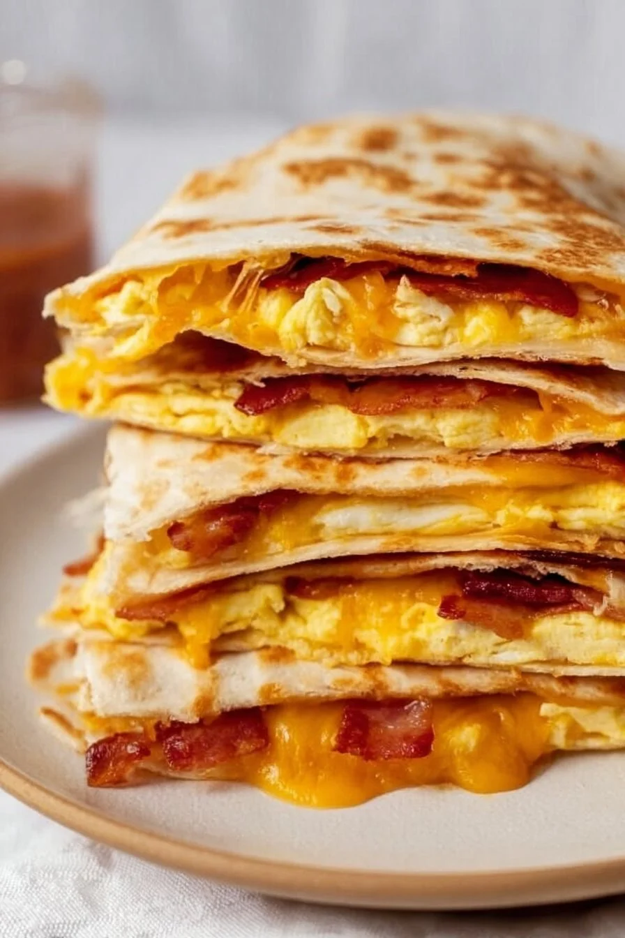 Bacon, Egg, and Cheese Breakfast Quesadilla breakfast quesadilla Bacon, Egg, and Cheese Breakfast Quesadilla with melted cheese and crispy bacon