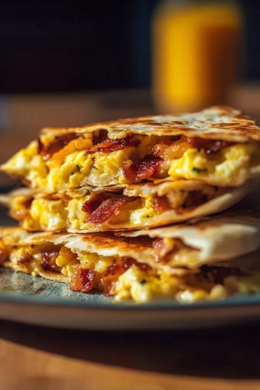 Bacon egg cheese breakfast quesadilla on a plate garnished with herbs