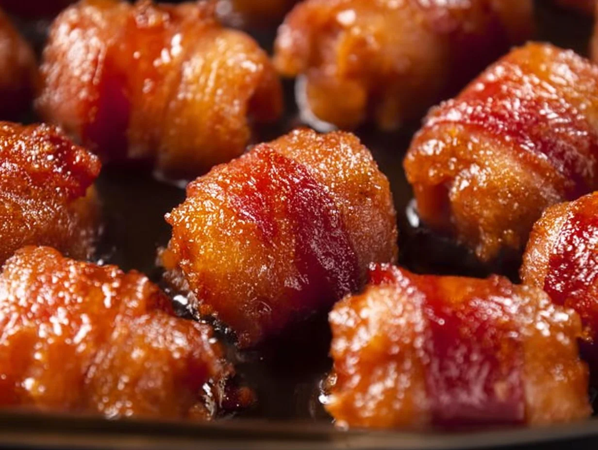 Plate of delicious Bacon Wrapped Smokies appetizer served at a gathering.