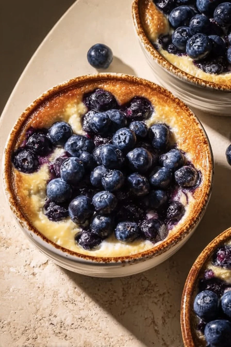 Baked blueberry cottage cheese bowls topped with fresh blueberries.