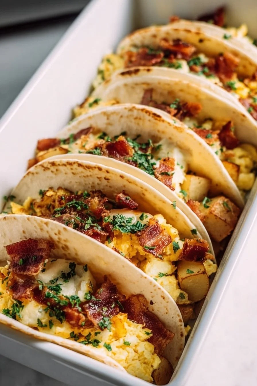 Delicious baked breakfast tacos on a plate with fresh toppings