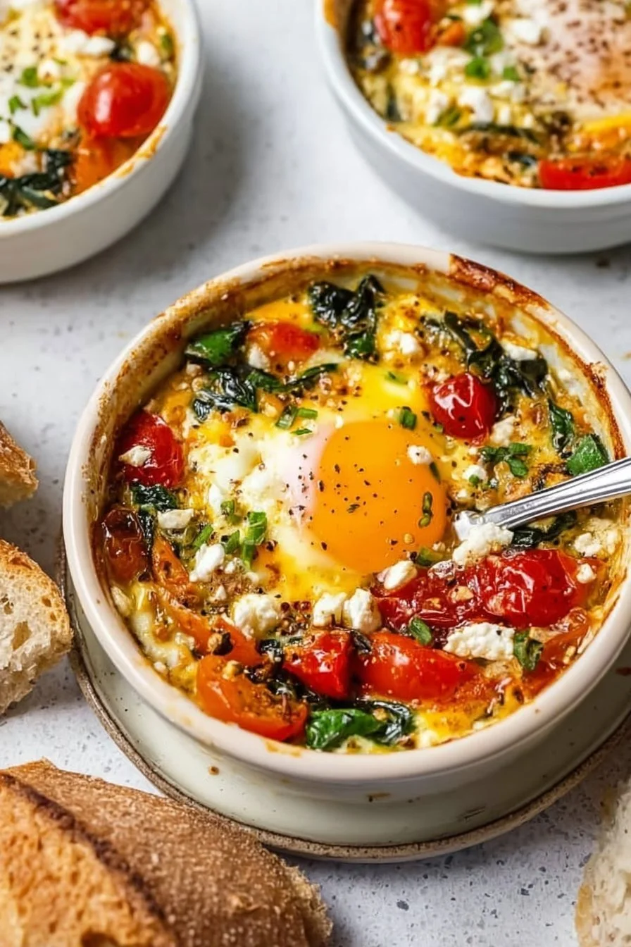 Delicious baked feta eggs with tomatoes and spinach in a ceramic dish