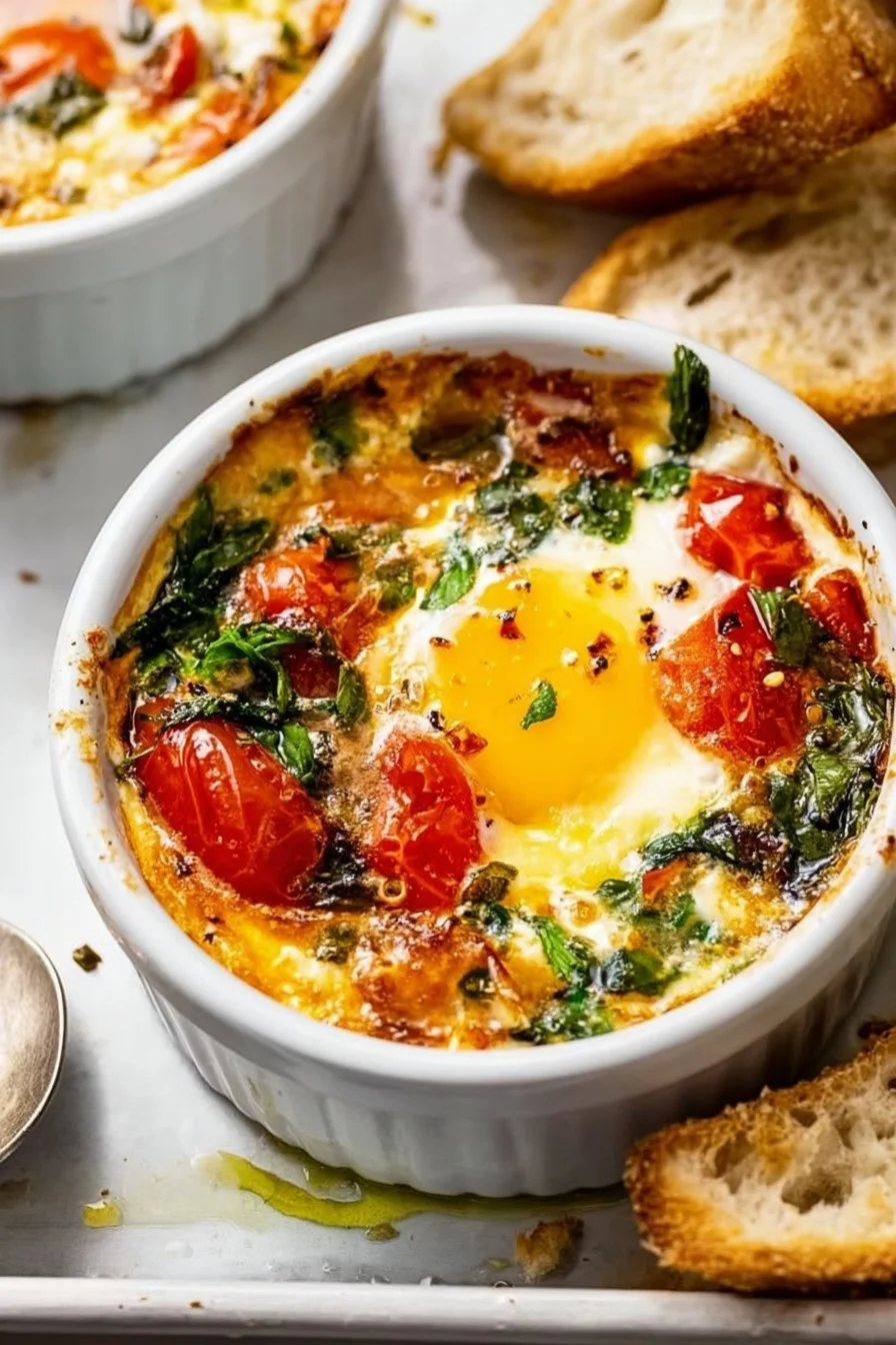 Baked feta eggs with tomatoes and spinach in a rustic dish