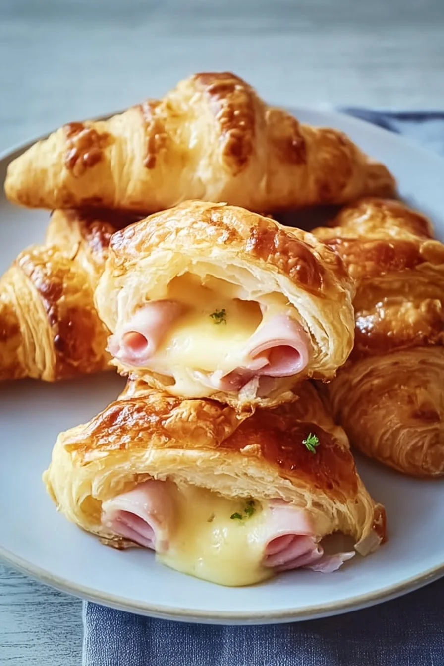 Delicious baked ham and cheese croissants on a wooden table.