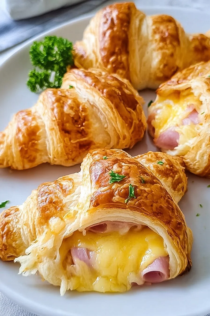 Freshly baked ham and cheese croissants on a serving platter.