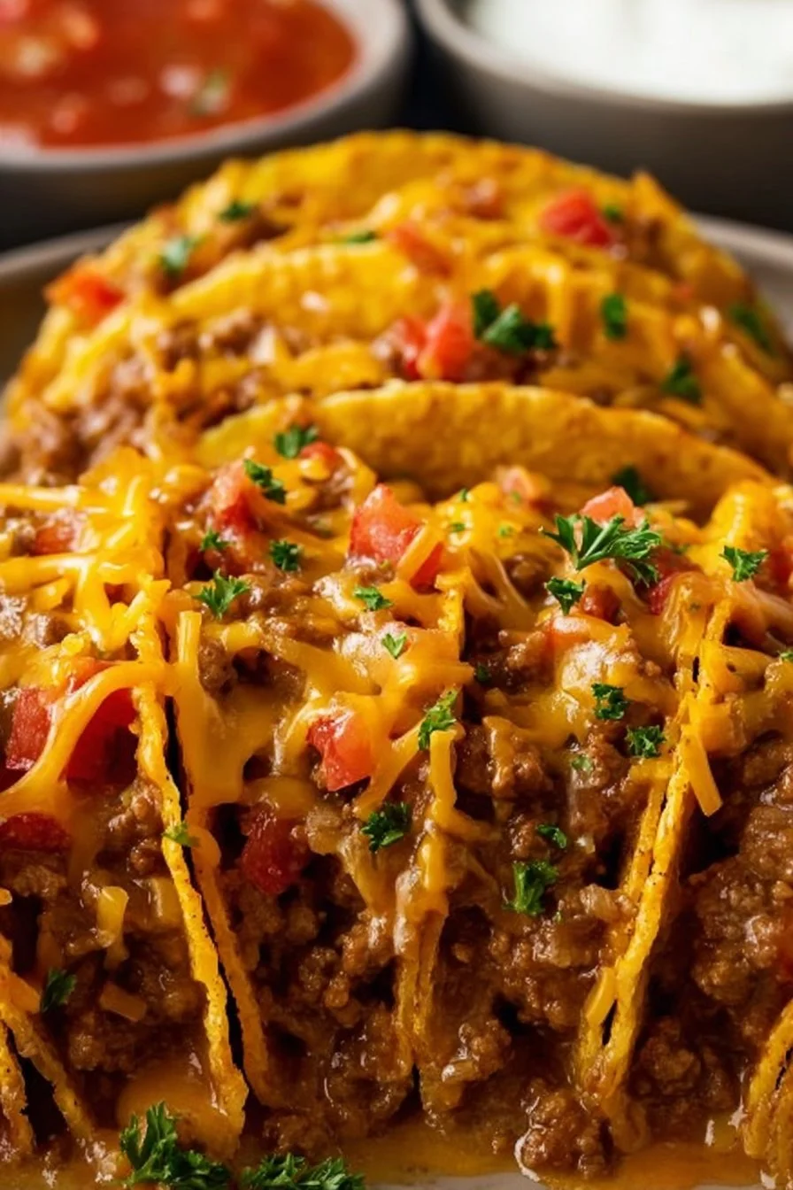 Baked Tacos baked tacos Delicious baked tacos filled with seasoned meat and topped with fresh ingredients