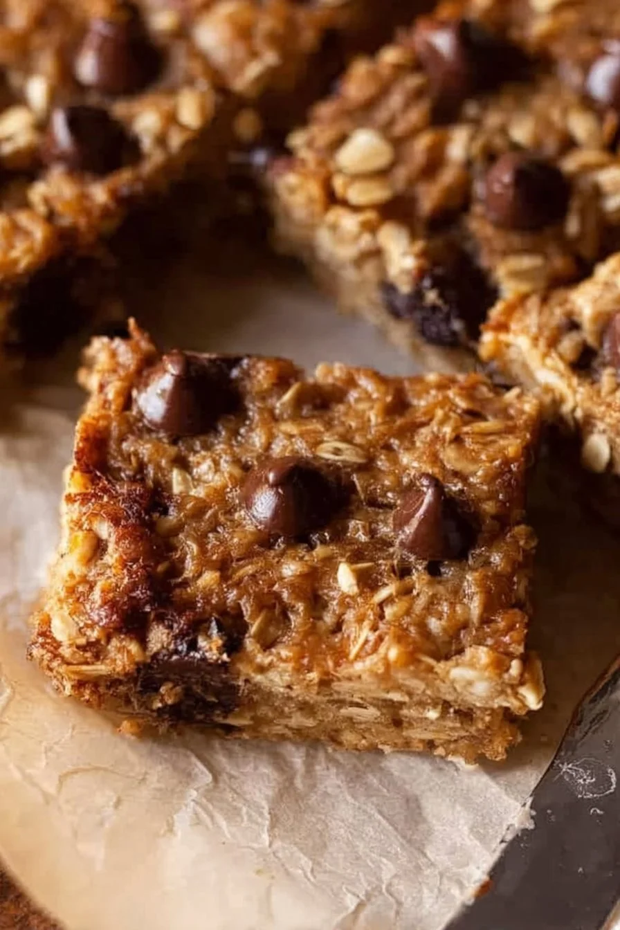 Homemade banana oatmeal bars topped with nuts and seeds for a nutritious snack.