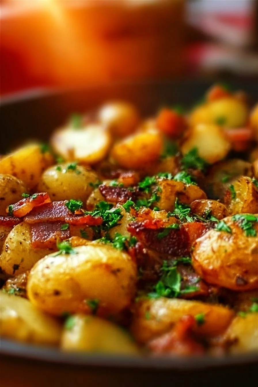 Crispy Bangin Breakfast Potatoes served on a plate with herbs